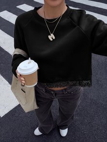 Muchica 女款圓領素色蕾絲飾邊拼接時尚休閒運動衫 - 黑色 - 查看 6