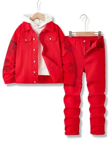 SHEIN 2Pcs Tween Boy Bear Game Graffiti Pattern Loose-Fitting Long-Sleeved Jacket And Stretchy Tight Jeans - Red - View 1