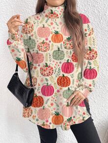 SHEIN Casual Minimalist Plus Size High Neck Long T-Shirt, Spring/Autumn, Autumn/Winter, Halloween - Multicolor - View 4