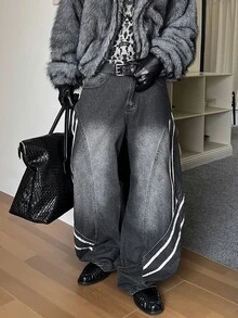 STEELVANCE 男士解構拼接寬鬆大腿開衩寬腿牛仔褲 水洗對比白色條紋氣球牛仔長褲 - 深灰色 - 查看 4