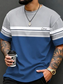 HypeHours Men's Plus Size Letter Print Striped Colorblock Short Sleeve Crew Neck T-Shirt - Multicolor - View 1