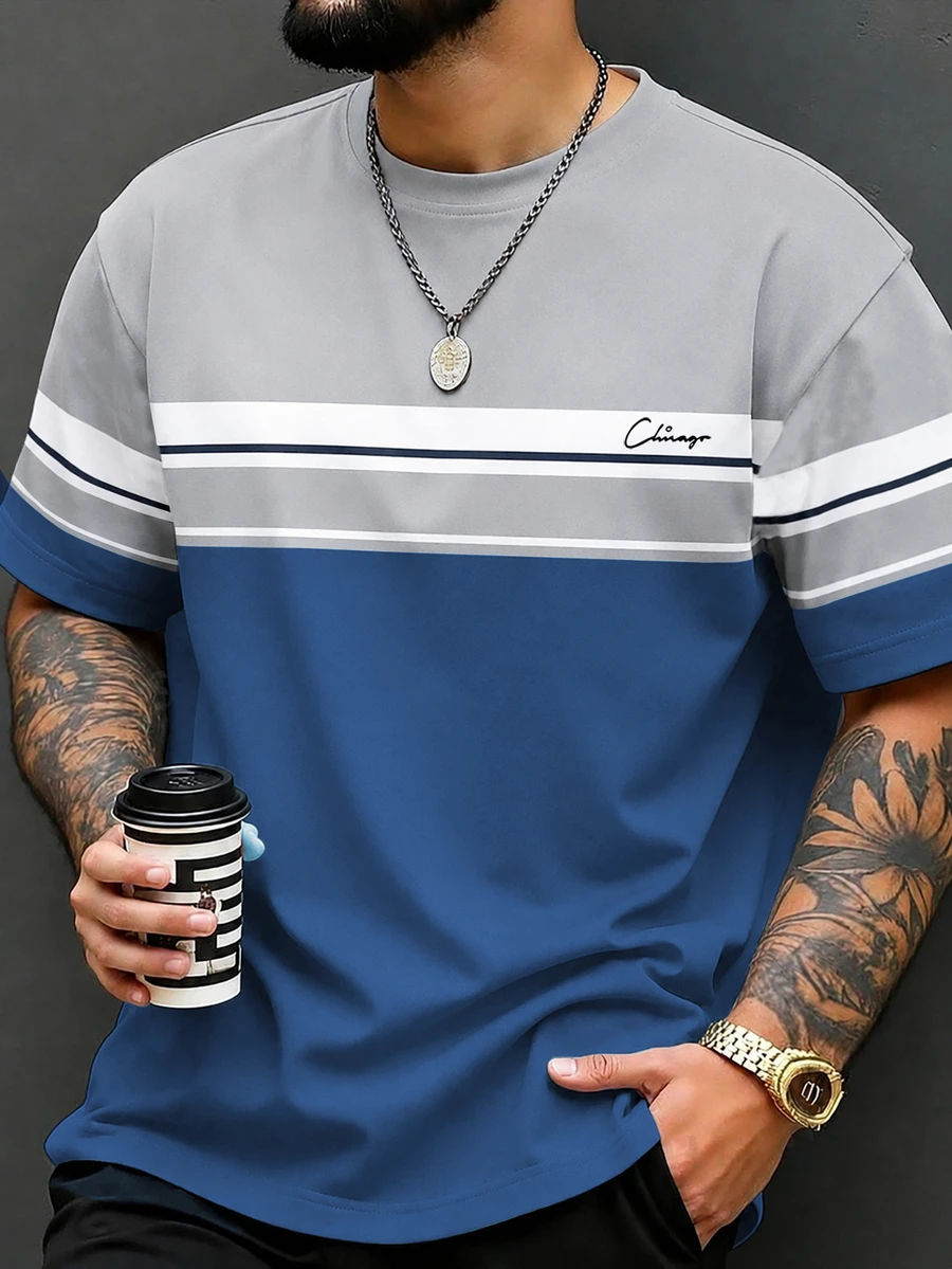HypeHours Men's Plus Size Letter Print Striped Colorblock Short Sleeve Crew Neck T-Shirt - Multicolor - View 1