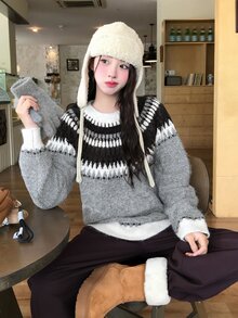 DAZY Women's Round Neck Contrast Color Autumn/Winter Korean Style Long Sleeve Sweater - Grey - View 9