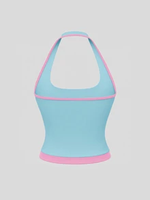 SHEIN Sweetro 女款拼色修身百搭日常穿著掛脖運動T恤 - 彩色 - 查看 6