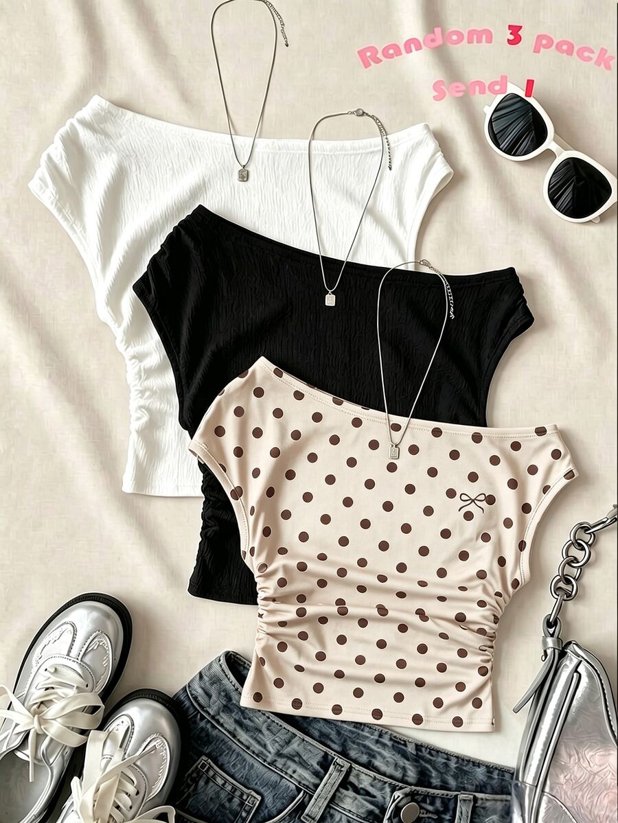Teen Girls Apricot Casual Minimalist Fitted Asymmetrical Shoulder Ruched Cropped Top, Suitable For Spring/Summer, Personalized Outfit, Daily Wear - White - View 1