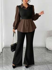 Elenzga Plus Size Casual Versatile Commute Patchwork Striped 2 In 1 Shirt And Versatile Minimalist Flared Long Pants Two Pieces Set - Brown - View 1