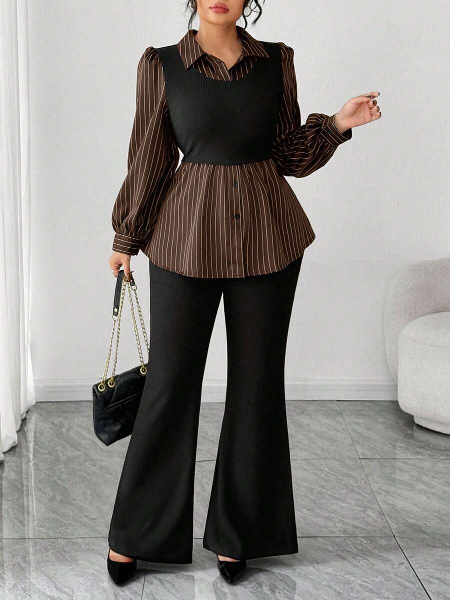 Elenzga Plus Size Casual Versatile Commute Patchwork Striped 2 In 1 Shirt And Versatile Minimalist Flared Long Pants Two Pieces Set - Brown - View 1