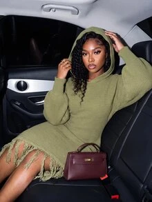 Slaydiva Hooded Off Shoulder Fringe Knit Maxi Dress Bodycon Mermaid Dress-A - Green - View 9