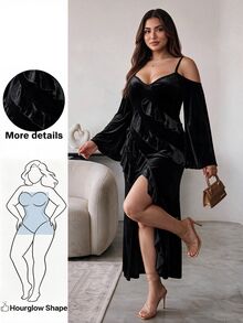 Hourglow Plus Size Women's V-Neck Ruffle High Slit Black Print Dress, Halloween Outfit, Elegant Wear, Sexy, Floral, Date Evening Night, Party Look, Fall - Black - View 1