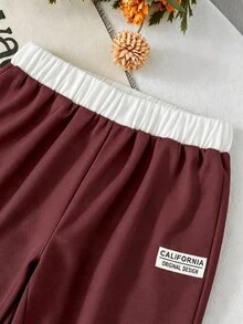 SHEIN Elladie kids 女童 2 件組復古美式學院風紅白色上衣與寬腿褲套裝，休閒秋季長袖圓領套裝，7 歲生日秋季穿搭 - 酒紅色 - 查看 12