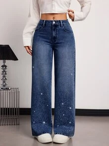 SHEIN Tall 女款水鑽裝飾口袋寬腿寬鬆休閒牛仔褲 - 深色水洗藍 - 查看 7