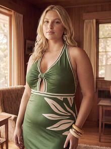 CAJUNI Plus Size Women's Tropical Plant Print Sexy Halter Neck Vacation Dress - Green - View 6