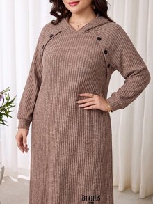 Feyla Plus Size Women's Solid Color Button Design Raglan Long Sleeve Casual Hooded Sweatshirt Dress - Khaki - View 5