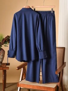 Rusticease Setelan 2 Potong Atasan dan Celana Panjang Lengan Panjang dengan Hiasan Ikat Warna Polos untuk Wanita Ukuran Besar - Navy Blue - View 7