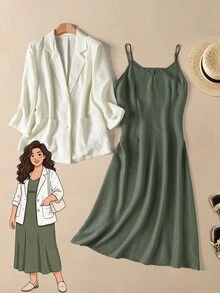 Rusticease Women's Plus Size Casual Minimalist Solid Color Camisole Dress And Blazer 2 Pieces Set - Multicolor - View 9