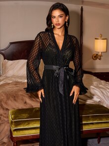 Slumberist Contrast Lace Velvet Cami Sleep Dress & Robe Pajama Set - Black - View 7