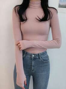 DAZY 女款素色高領修身百搭日常長袖T恤 - 粉色 - 查看 3