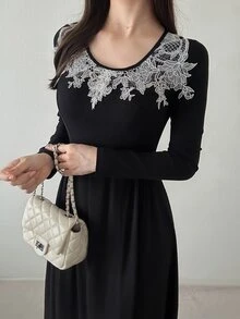 FRIFUL Women's Round Neck Embroidered Long Sleeve Solid Color Midi Dress Dinner Tea Party Date Night Black And White Fall French Lace Mature Elegant - Pearl White - View 8