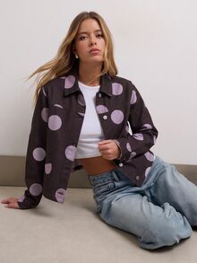 Nöista Big Dot Print Long Sleeves Denim Jacket - Red Violet - View 4