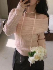 DAZY Women's Pink Off-Shoulder Large Lapel Tie-Front Fitted Ribbed Knit Short Pullover Sweater With Long Sleeves - Pink - View 2