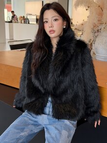 K-Vae Women's Long Sleeve Solid Color Fashion Autumn/Winter Faux Fur Coat - Black - View 4