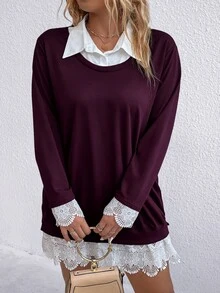 SHEIN LUNE 大尺碼女款長袖撞色蕾絲休閒優雅百搭衛衣 正式辦公風 深紫色 秋季 - 紫色 - 查看 4