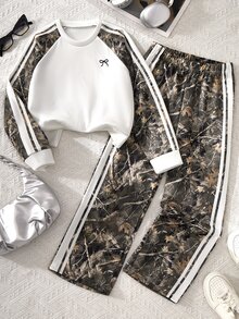 SHEIN Sparklyn 女童 2 件組落肩袖衛衣套裝，圓領衛衣，適合秋冬，保暖內裡，加厚毛茸茸，寬腿鬆款長褲，適合上學、通勤、戶外活動與休閒穿著 - 綠色 - 查看 1