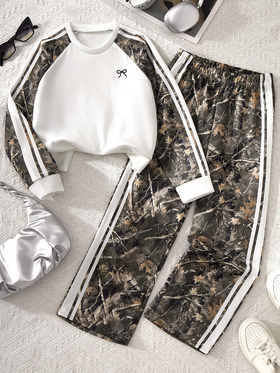 SHEIN Sparklyn 女童 2 件組落肩袖衛衣套裝,圓領衛衣,適合秋冬,保暖內裡,加厚毛茸茸,寬腿鬆款長褲,適合上學、通勤、戶外活動與休閒穿著 - 綠色 - 查看 1