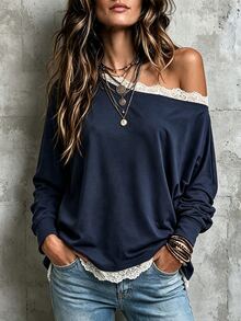 LUMIGAL Women's Contrast Lace One-Shoulder Long Sleeve Loose Fashion Sweatshirt - Navy Blue - View 1