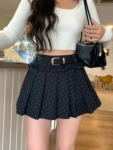 DAZY Women's Polka Dot Print Button Korean Style Pleated Skirt - Black - View 1