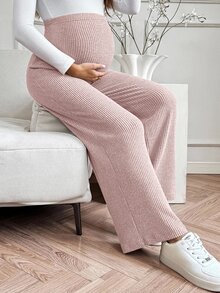 SHEIN 孕婦純色可調腰圍休閒日常長褲 - 藕粉色 - 查看 3