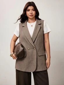Enliva Plus Size Plaid Lapel Vest Top Apple - Brown - View 5