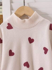 SHEIN 女童 2 件組 秋冬甜美愛心印花羅紋小立領不對稱下擺上衣＋喇叭褲休閒套裝，秋季母女搭配嬰兒套裝 - 紅色 - 查看 5
