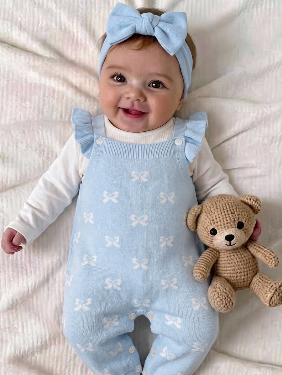 SHEIN Newborn Baby Girl Crawler Romper, Knitted One-Piece, Short Sleeves, Leopard Print, Fashionable Jumpsuit, Soft And Comfortable, Suitable For Autumn/Winter, Outing - Blue - View 1