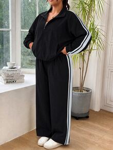 SHEIN EZwear 大尺碼女款對比色長袖上衣與長褲休閒日常兩件套秋季 - 黑與白 - 查看 1