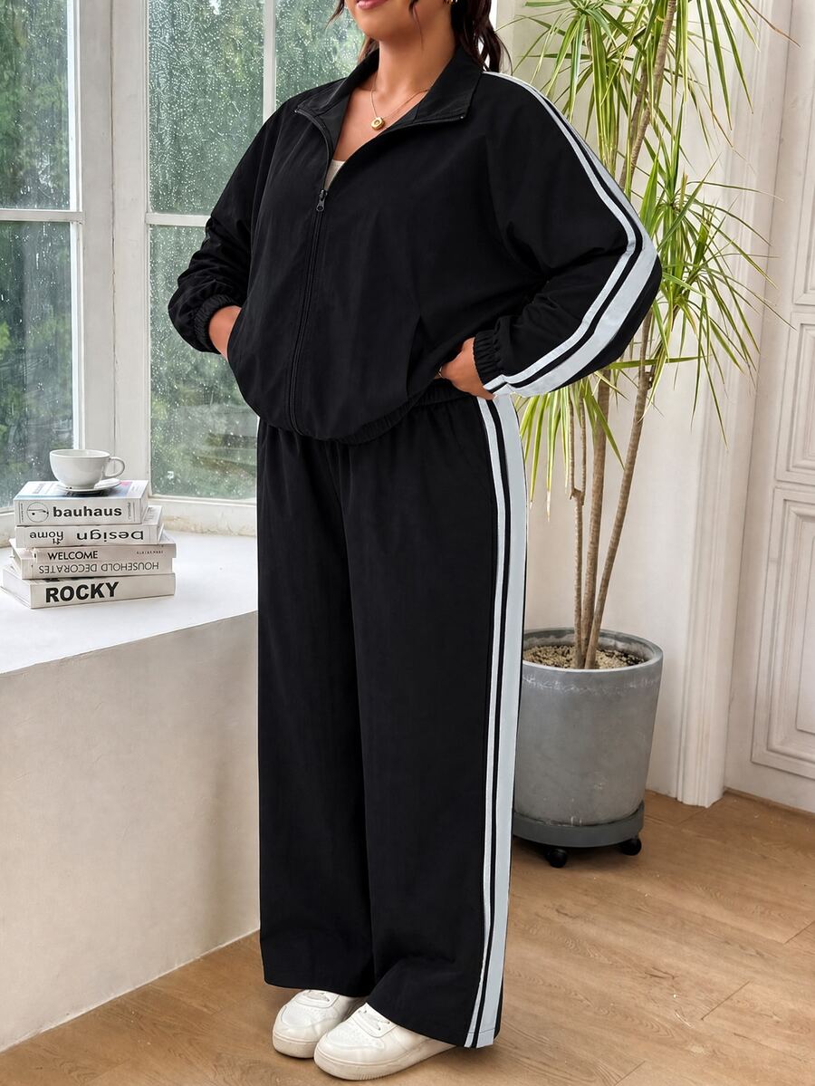 SHEIN EZwear 大尺碼女款對比色長袖上衣與長褲休閒日常兩件套秋季 - 黑與白 - 查看 1