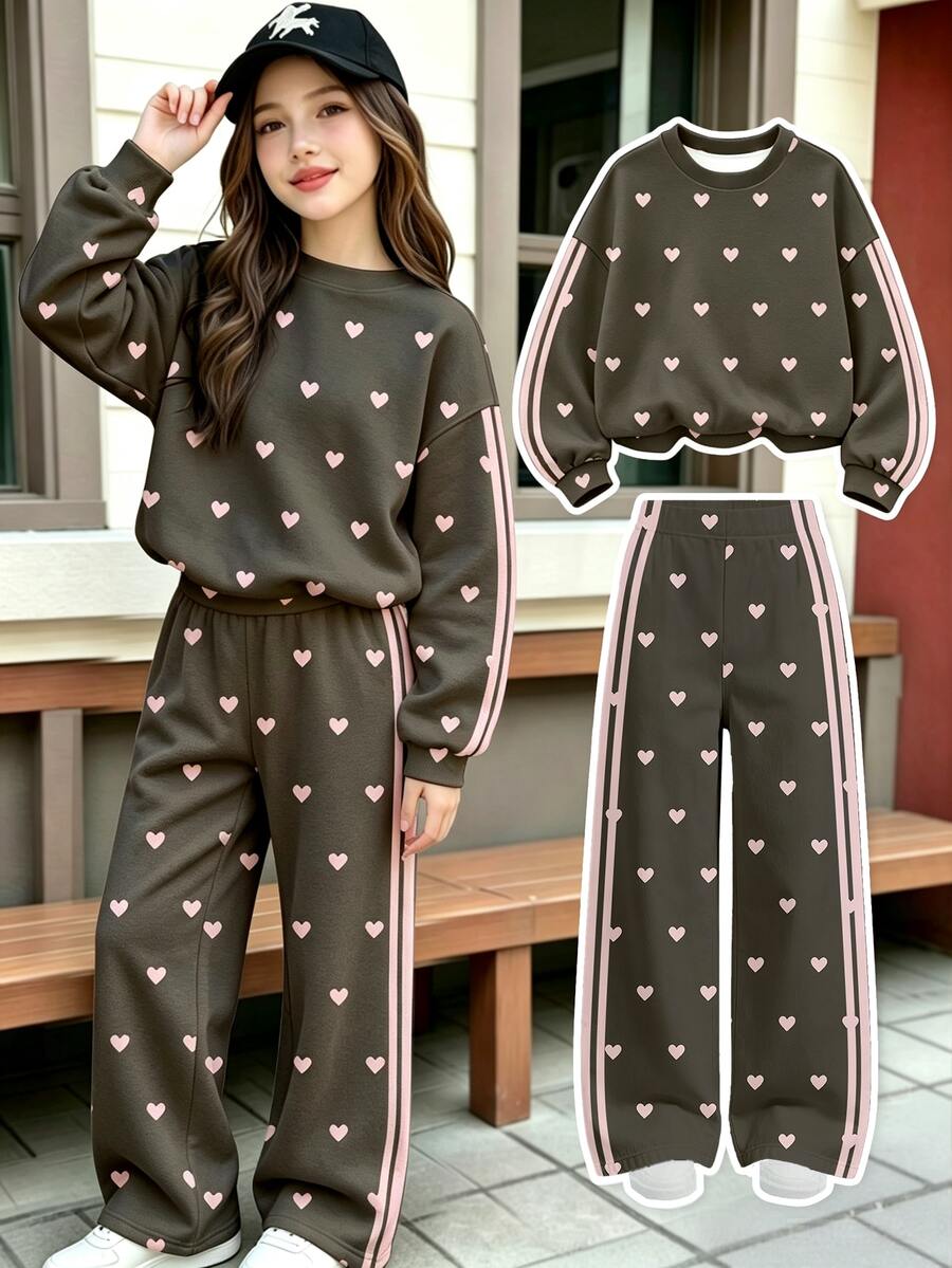 Young Girls Fashionable High-End Dark Gray Base Pink Heart Contrast Pattern Crew Neck Sweatshirt & Wide Leg Pants Set, Autumn Winter 2026 - Multicolor - View 1