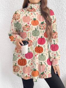 SHEIN Casual Minimalist Plus Size High Neck Long T-Shirt, Spring/Autumn, Autumn/Winter, Halloween - Multicolor - View 1