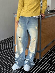 STEELVANCE European And American Unisex Printed Maple Leaf Patchwork Denim Jeans - Blue - View 5