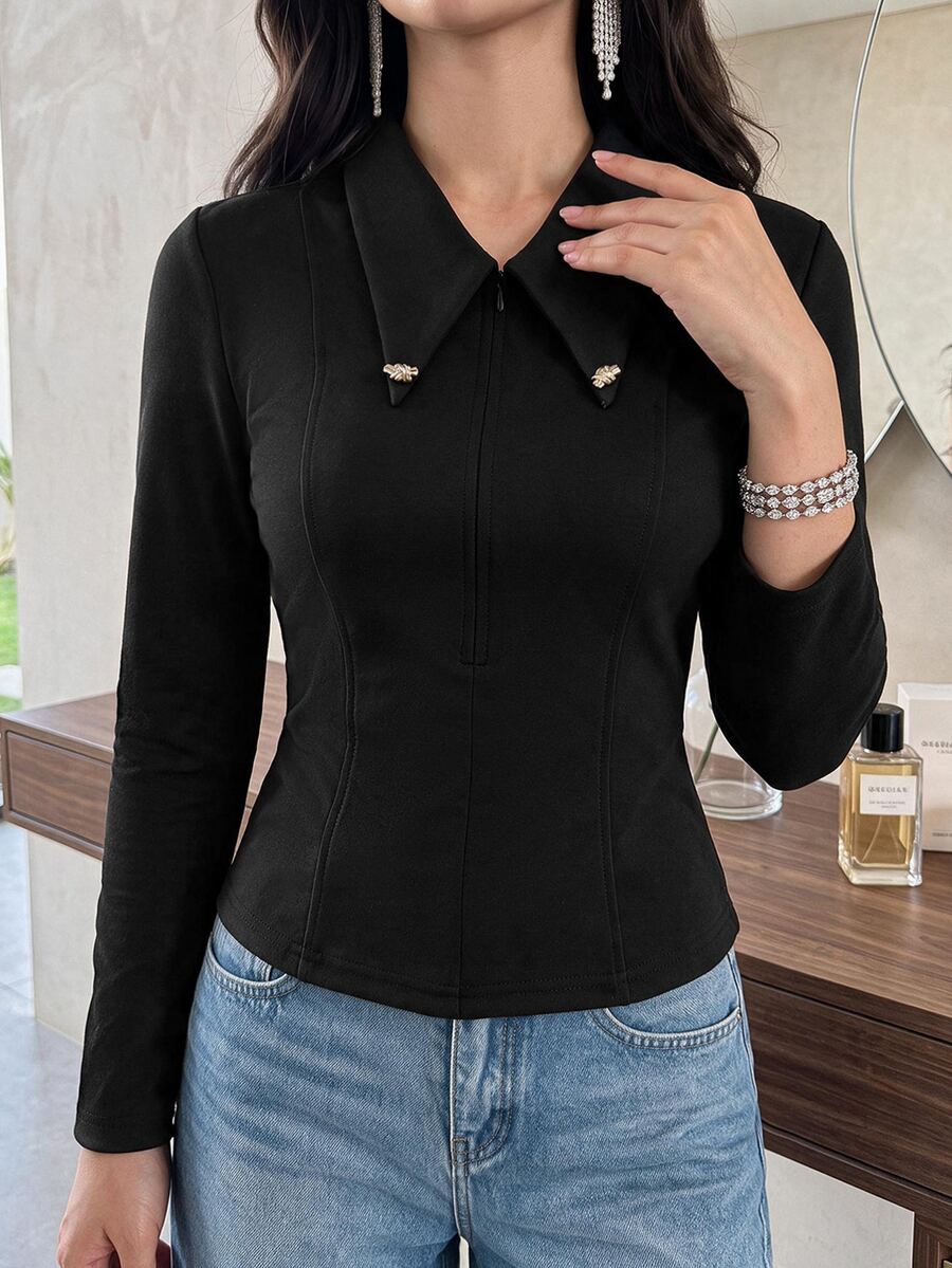 Feyla Women's Solid Color Casual Daily Long Sleeve T-Shirt - Black - View 1