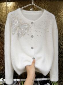 INAWLY Women's Faux Mink Fur Knit Cardigan With Heavy Rhinestone Bow, Faux Pearl And Beaded Embellishments - White - View 1
