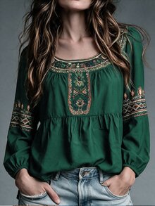 Breezaya 女款度假休閒印花拼接燈籠袖上衣 - 墨綠色 - 查看 1