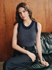 Anewsta Women's Premium Textured Contrast Trim Knit Sleeveless Tank Top, Versatile Slim Fit Base Layer - Navy Blue - View 6