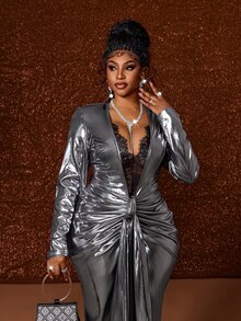 Maweii Plus Size Lace Patchwork Elegant V-Neck Pleated Design Dress Fall - Silver - View 2