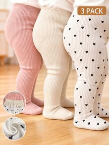 SHEIN 3件組女嬰幼兒女童連腳褲襪，可愛甜美粉色白色羅紋針織愛心印花，常規款，適合假日、秋季、聖誕節、婚禮賓客，高彈性 - 彩色 - 查看 1