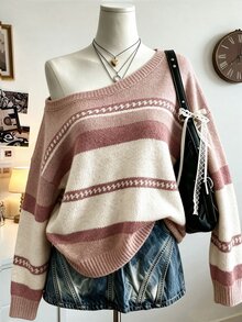 Collagica Collagica Women's Striped Asymmetrical Shoulder Drop Sleeve Casual Sweater - Pink - View 1