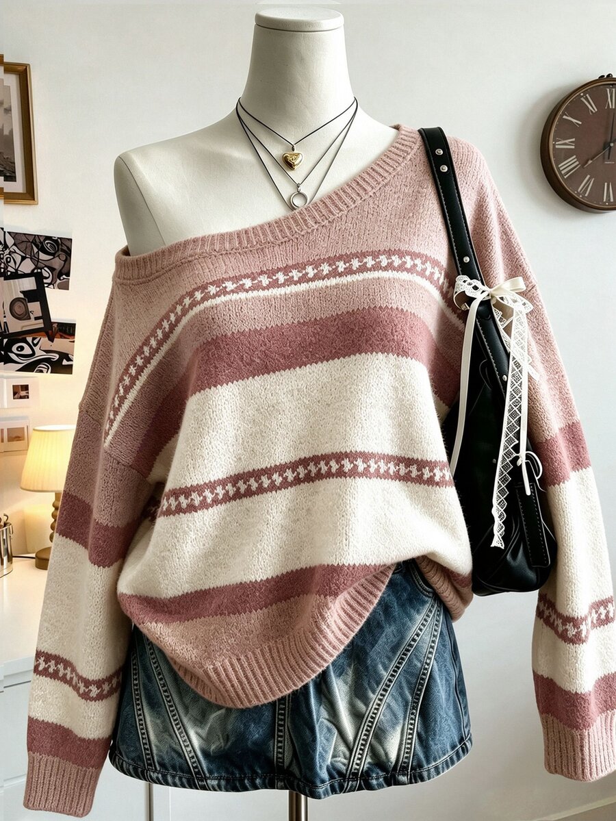 Collagica Collagica Women's Striped Asymmetrical Shoulder Drop Sleeve Casual Sweater - Pink - View 1