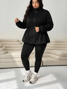 EMERY ROSE Plus Size Black Minimalist Zipper Cinched Waist Long Sleeve Sweatshirt Casual Fall/Winter - Black - View 5