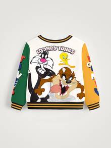 LOONEY TUNES X SHEIN 男嬰條紋字母印花圓領長袖休閒運動衫 - 白色 - 查看 6