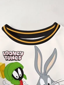 LOONEY TUNES X SHEIN 男嬰條紋字母印花圓領長袖休閒運動衫 - 白色 - 查看 3